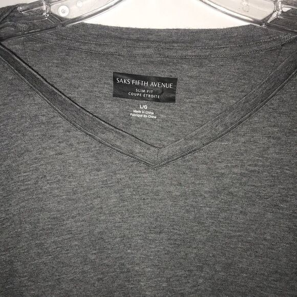 Saks Fifth Avenue Mens Charcoal Gray Slim Fit V Neck Short Sleeve T-Shirt Large - Picture 3 of 8